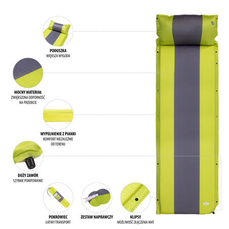 Mata samopompująca NILS CAMP NC4349 zielony / szary z poduszką